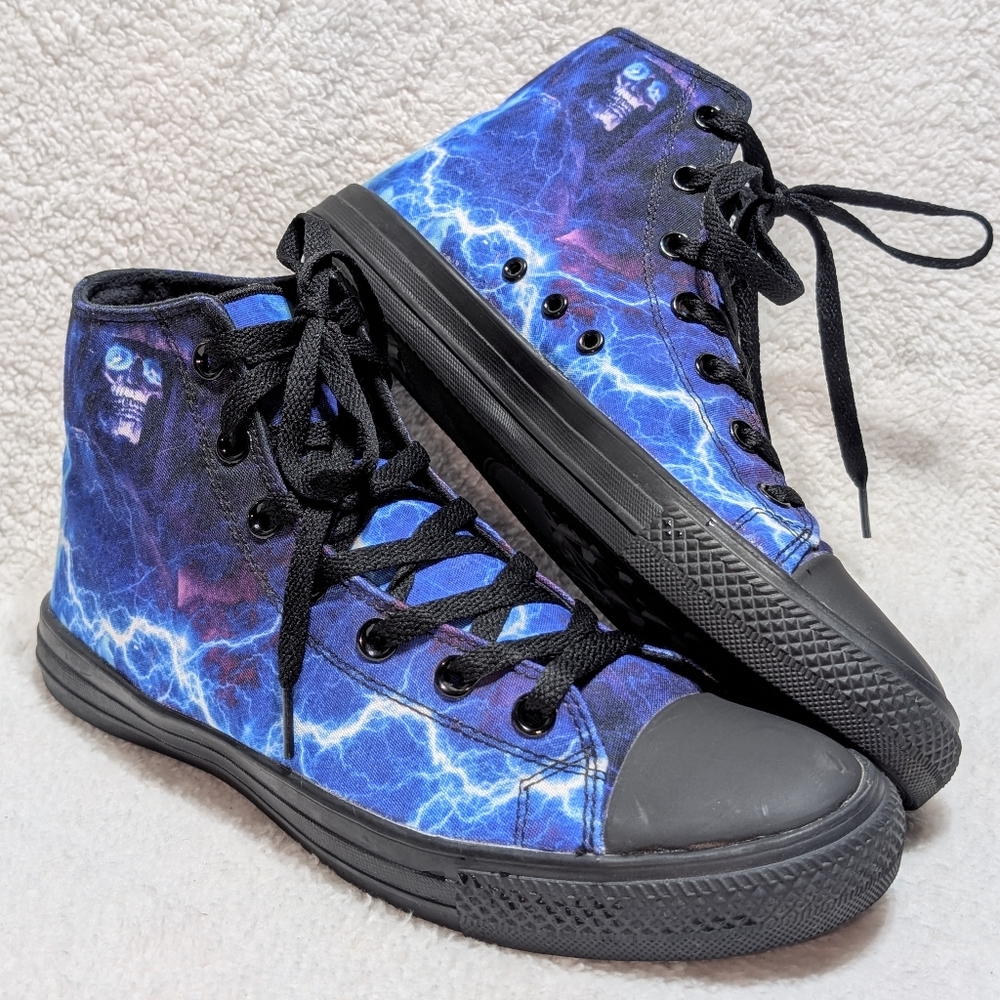 RAAD High-Top Sneakers Unisex M9.5/W11 Blue Lightning Storm Skull Grim Reaper